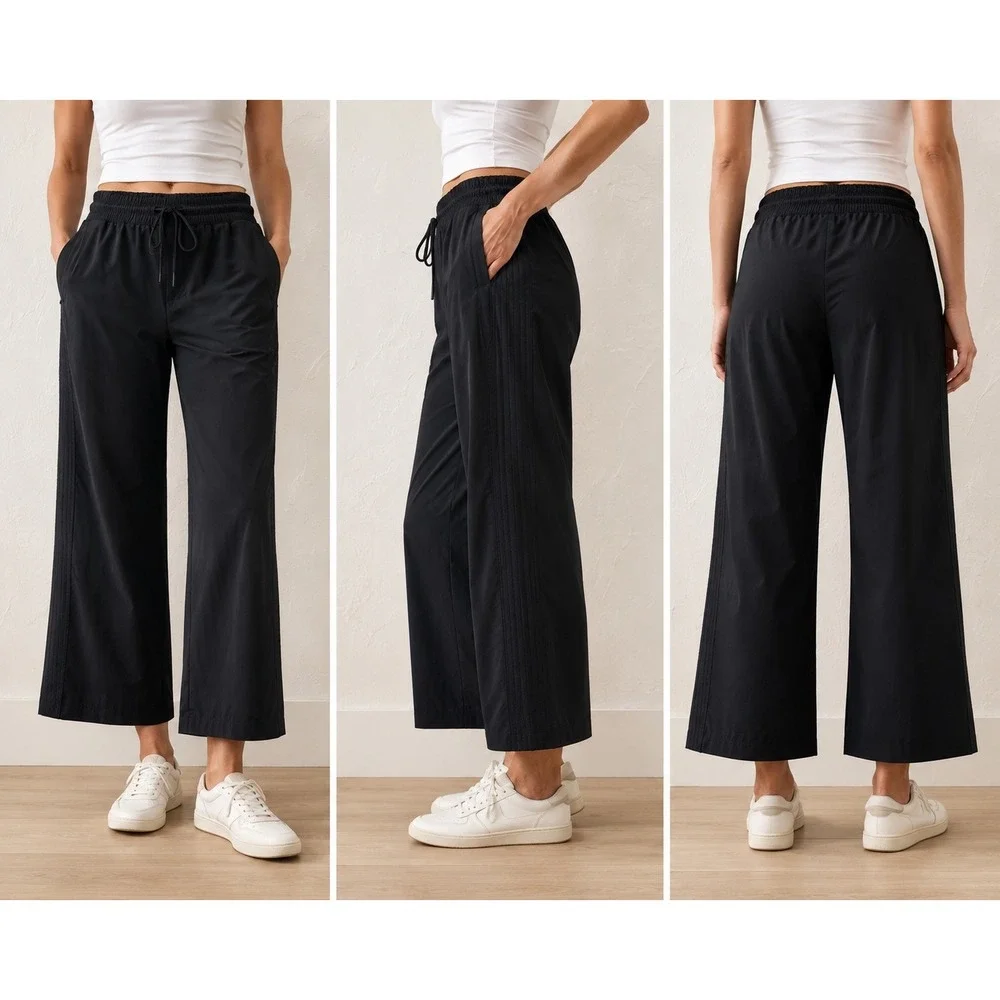 Athleta Brooklyn Wide Leg Pants Black Drawstring Crop Style 657598 Size 8 - Picture 1 of 11